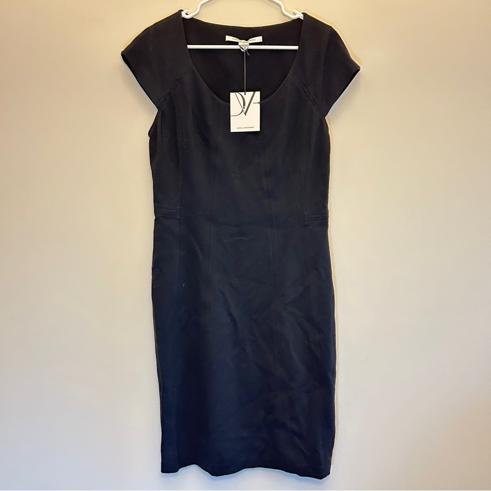 NWT Diane Von Furstenberg Black April Midi Dress with Cap Sleeves Size 14